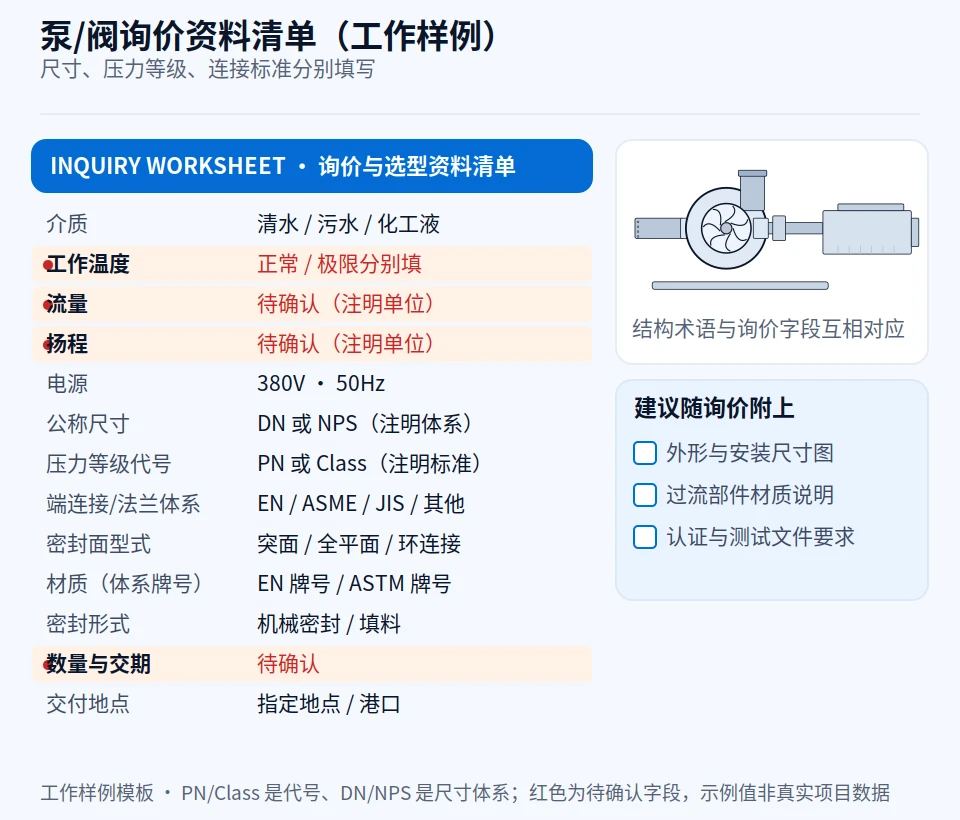 泵阀询价资料清单工作样例,含介质、流量、扬程、材质、密封等字段,红色标出待确认项