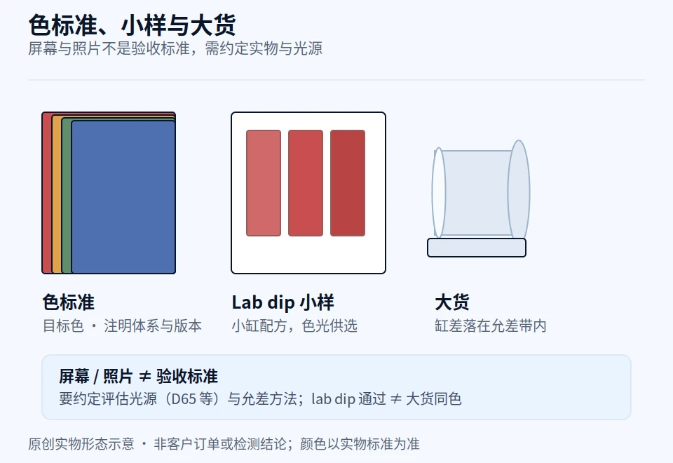 色卡、米样、大货确认怎么衔接询盘：lab dip 通过不等于大货同色