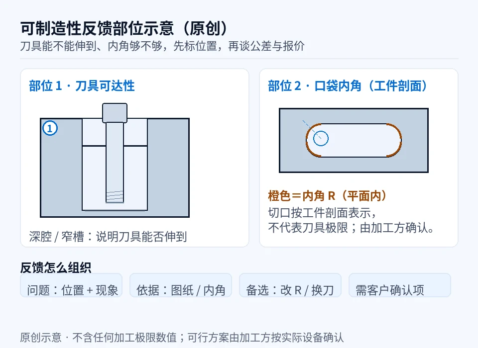 刀具可达性与口袋内角(工件剖面)部位的原创示意