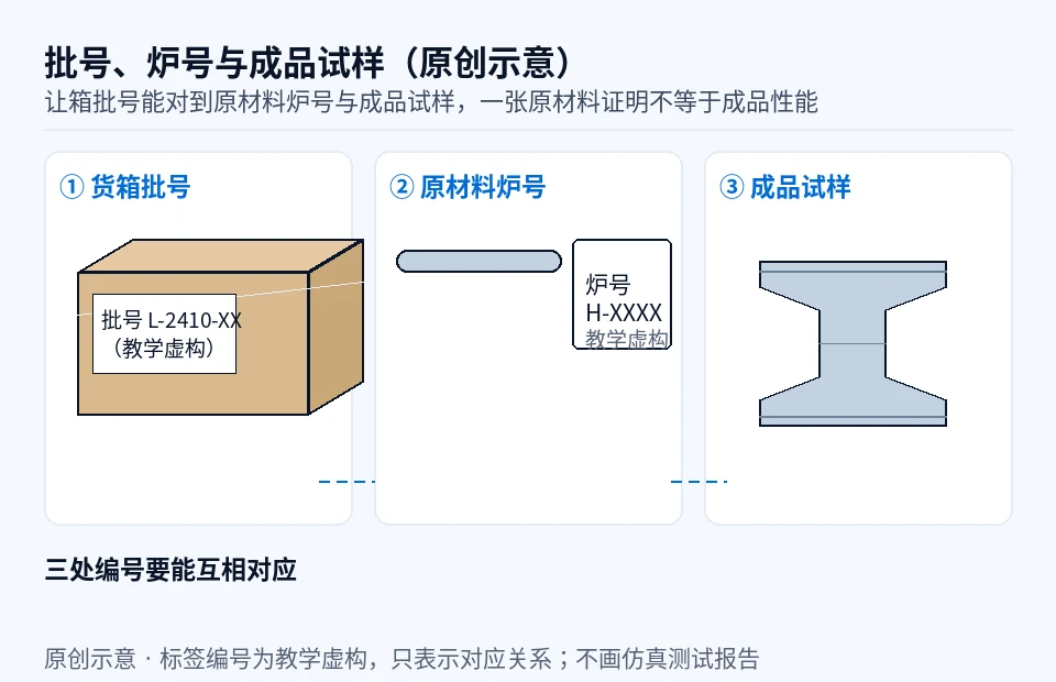 货箱批号、原材料炉号与成品试样对应示意