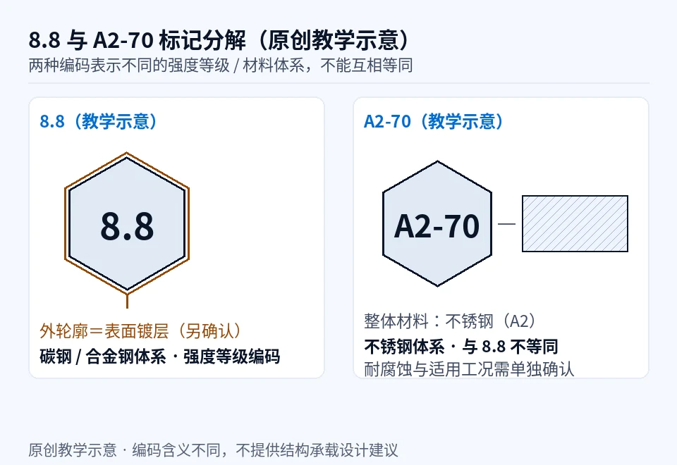 8.8 与 A2-70 头标、镀层与材料的原创分解