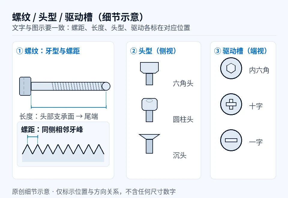 螺纹牙型、头型侧视与驱动端视的原创细节示意