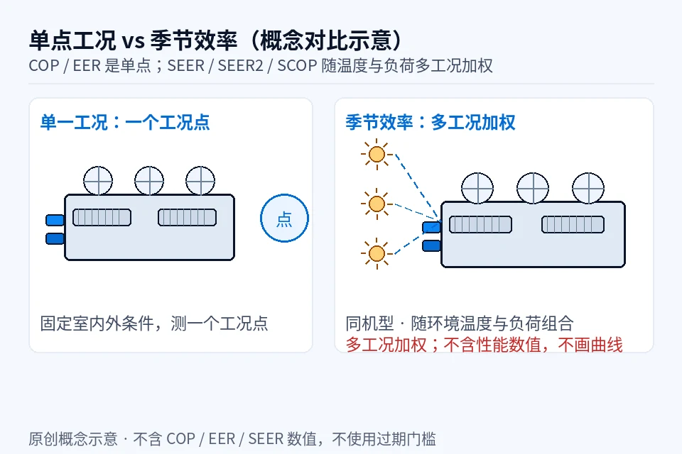 COP、EER、SEER 与 SEER2 怎么比：先核单位、工况与标准