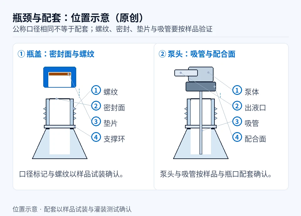 瓶颈与瓶盖、泵头配套位置的原创装配示意