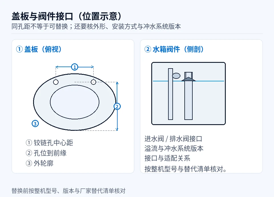 马桶盖板和进排水阀怎么配对：孔距、轮廓、承托点与型号清单