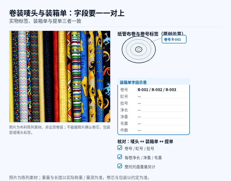 布料陈列的真实照片（非出货卷装，附原创纸管布卷示意）