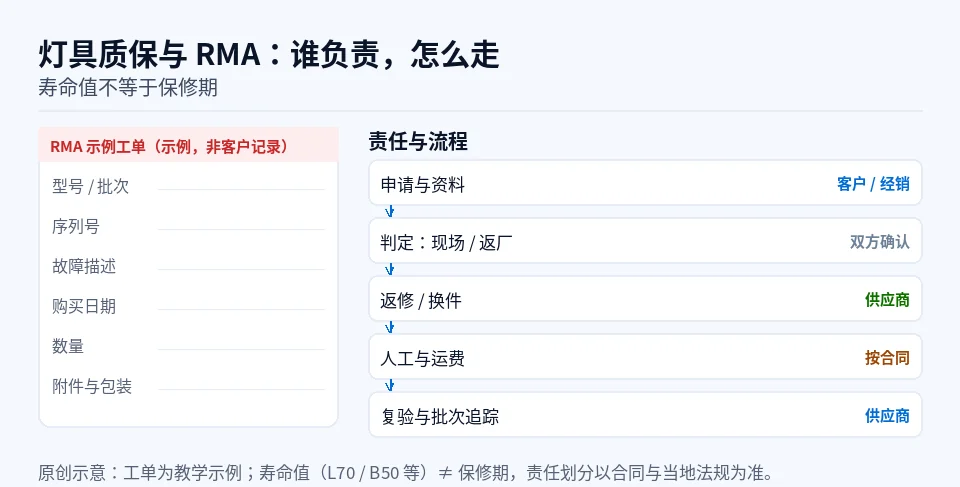 灯具 RMA 工单与责任流程的原创示意