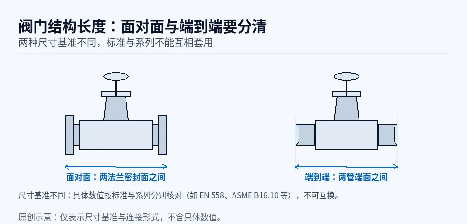 法兰阀面对面与对焊阀端到端尺寸基准的原创示意