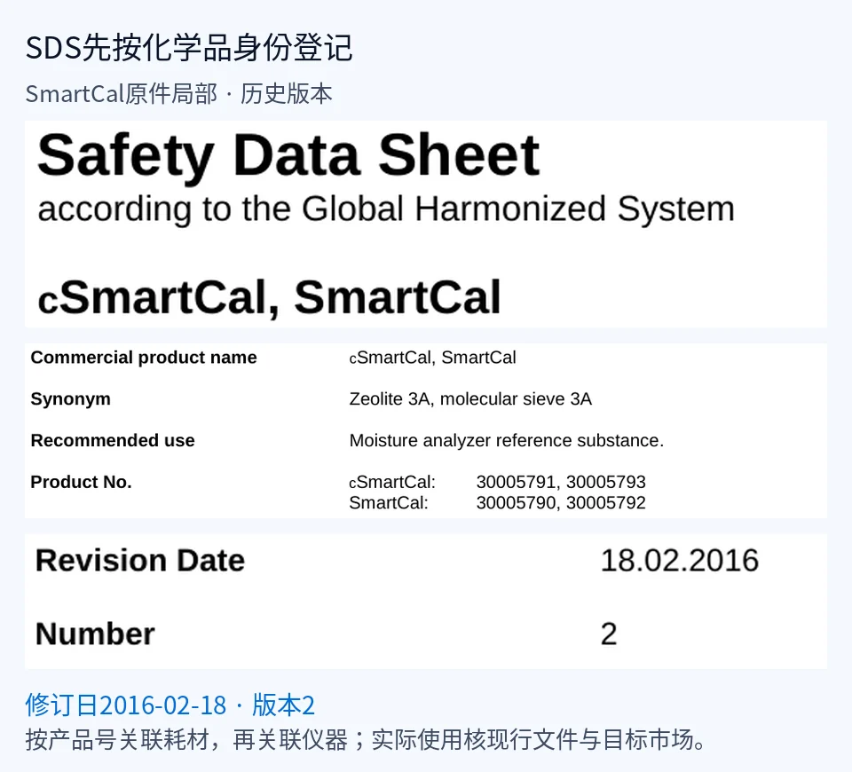 SmartCal安全数据表名称、产品号与版本局部