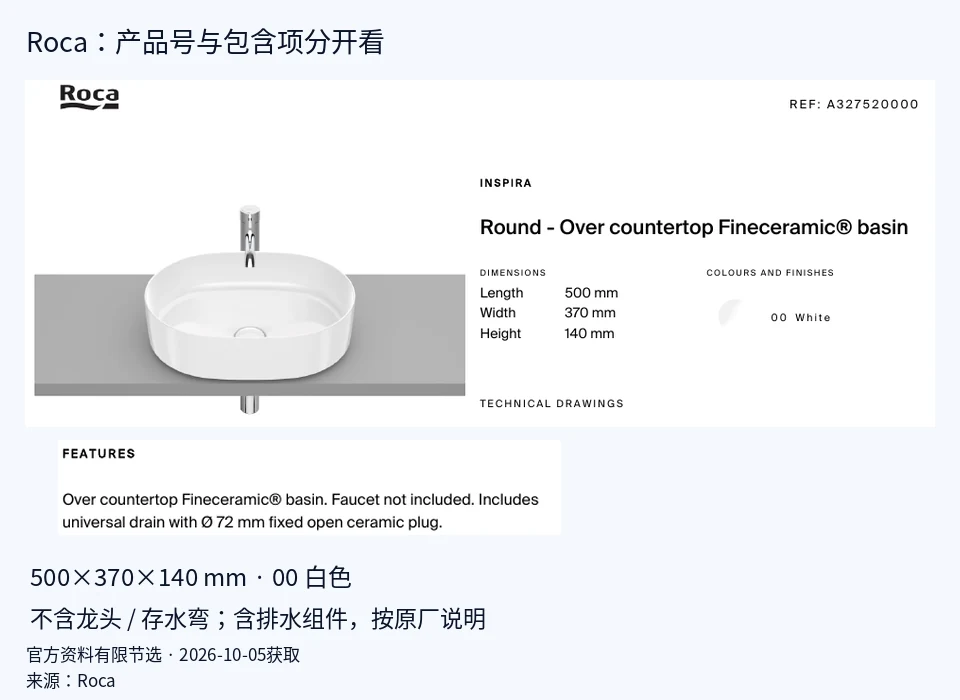 拆解Roca产品资料：A327520000的色号、包含项与推荐柜体