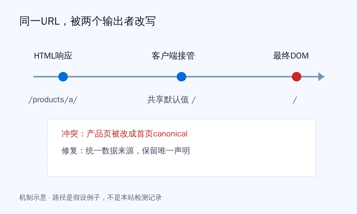 同一产品请求在HTML输出与客户端接管两个阶段出现不同canonical的时间线