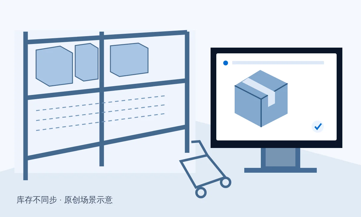 仓库货位已空而旁边网页仍展示装箱商品的原创库存不同步场景插画