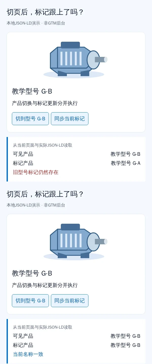 本地演示中切换产品后JSON-LD仍保留旧型号,以及同步标记后的实际对照