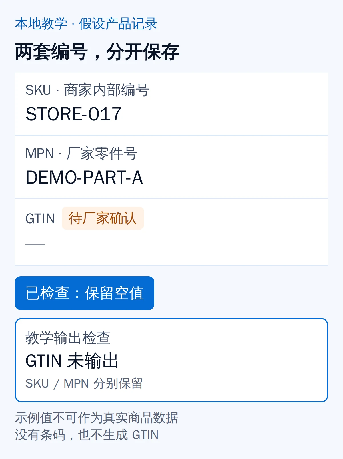 本地教学产品记录:SKU为STORE-017,MPN为DEMO-PART-A,GTIN待厂家确认且未输出
