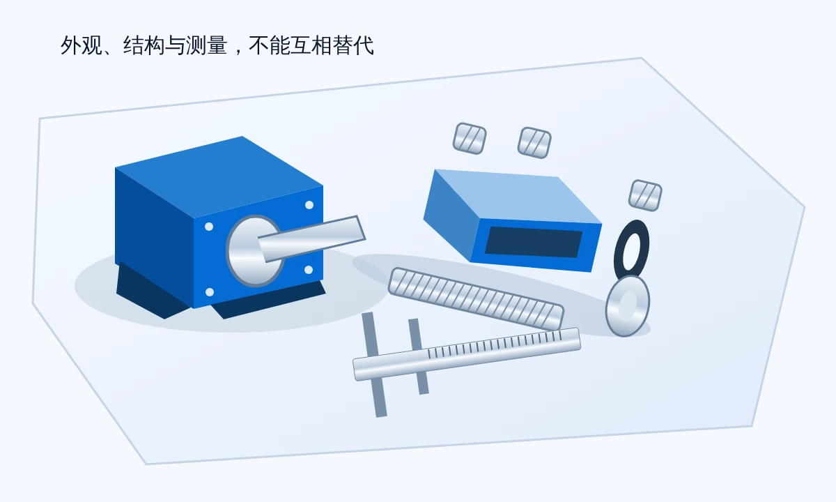 工作台上的装配样件、拆开的壳体轴件及测量工具,提示外观与技术结论需要不同依据