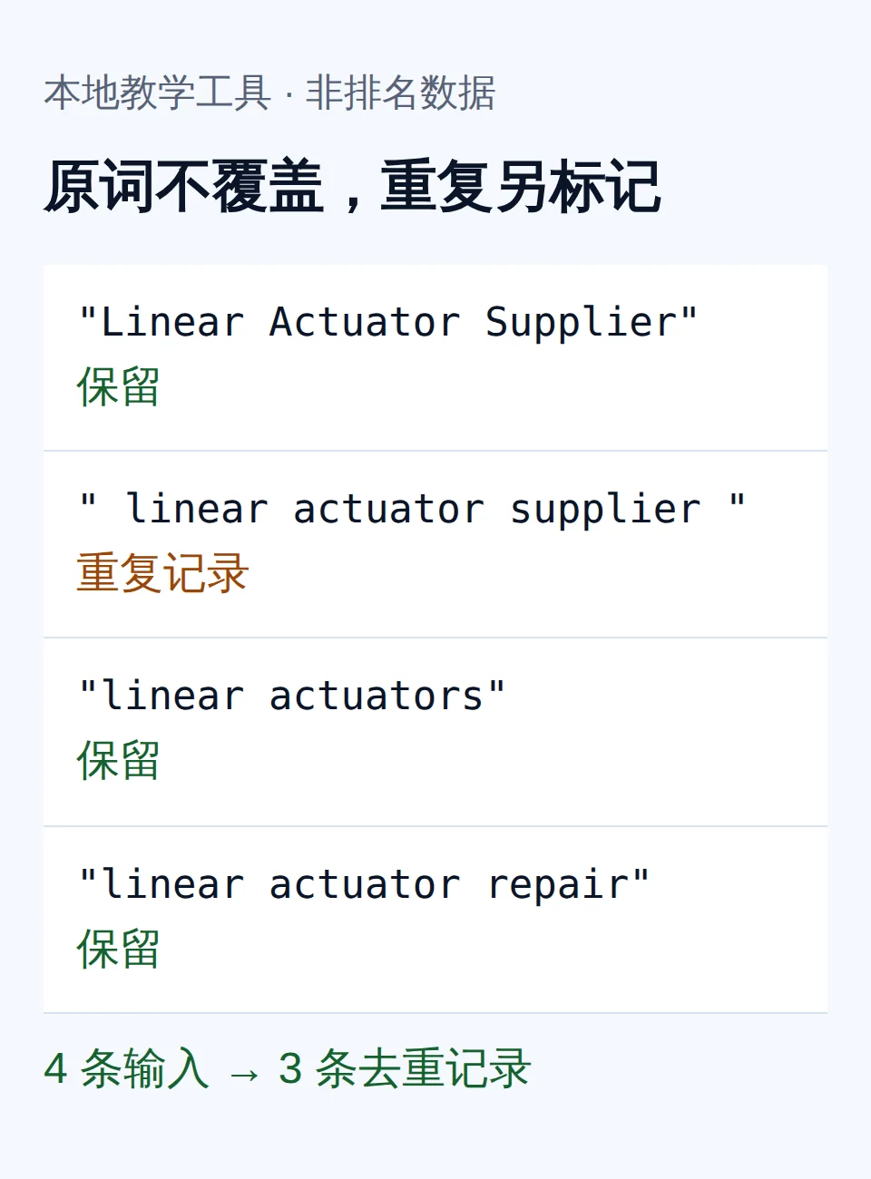 本地目标词教学工具保留原始条目并标记重复项的运行画面