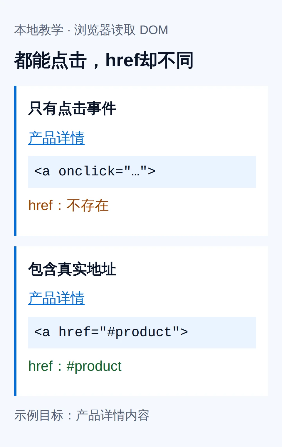 本地教学页面中两种产品入口的DOM检查,事件链接缺少href而正常链接具有地址
