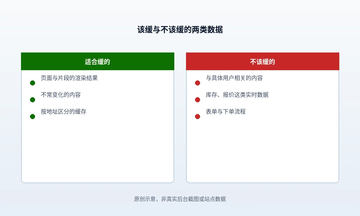 图左是每次请求都重新计算的长路径,图右是第一次计算后写入缓存、后续请求直接取用的短路径,右侧标出缓存未命中时回到左边