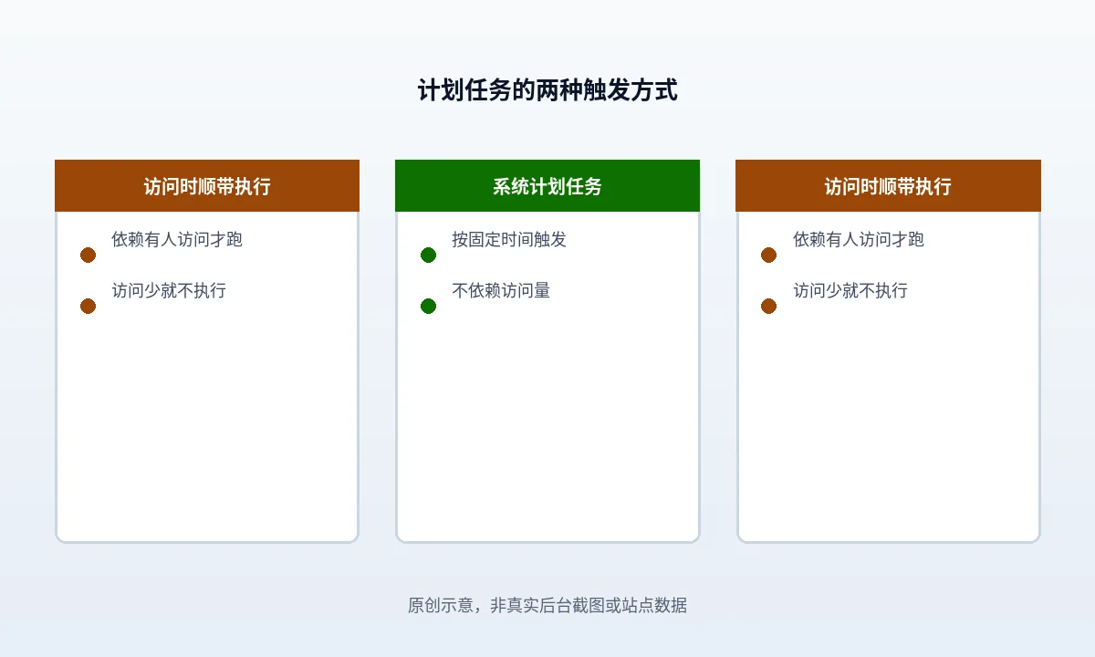 图上半部分是访客请求触发任务的路径,任务框挂在请求线上并标出执行时刻不确定,图下半部分是系统计划任务按固定间隔指向任务框,两条路径旁边标着各自的首字节时间影响