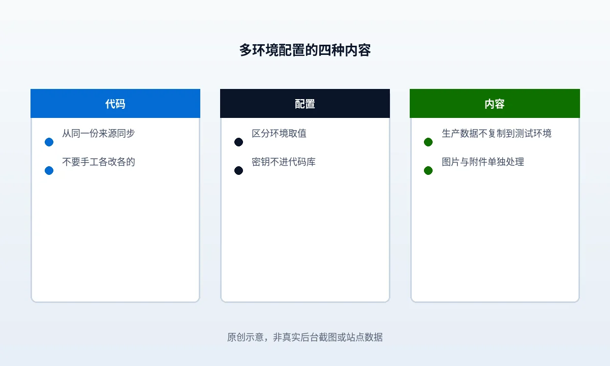 多环境配置的四类内容与处理方式:代码从同一来源同步、配置按环境取值且密钥不入库、生产内容不复制到测试环境、每步可回滚并记录变更