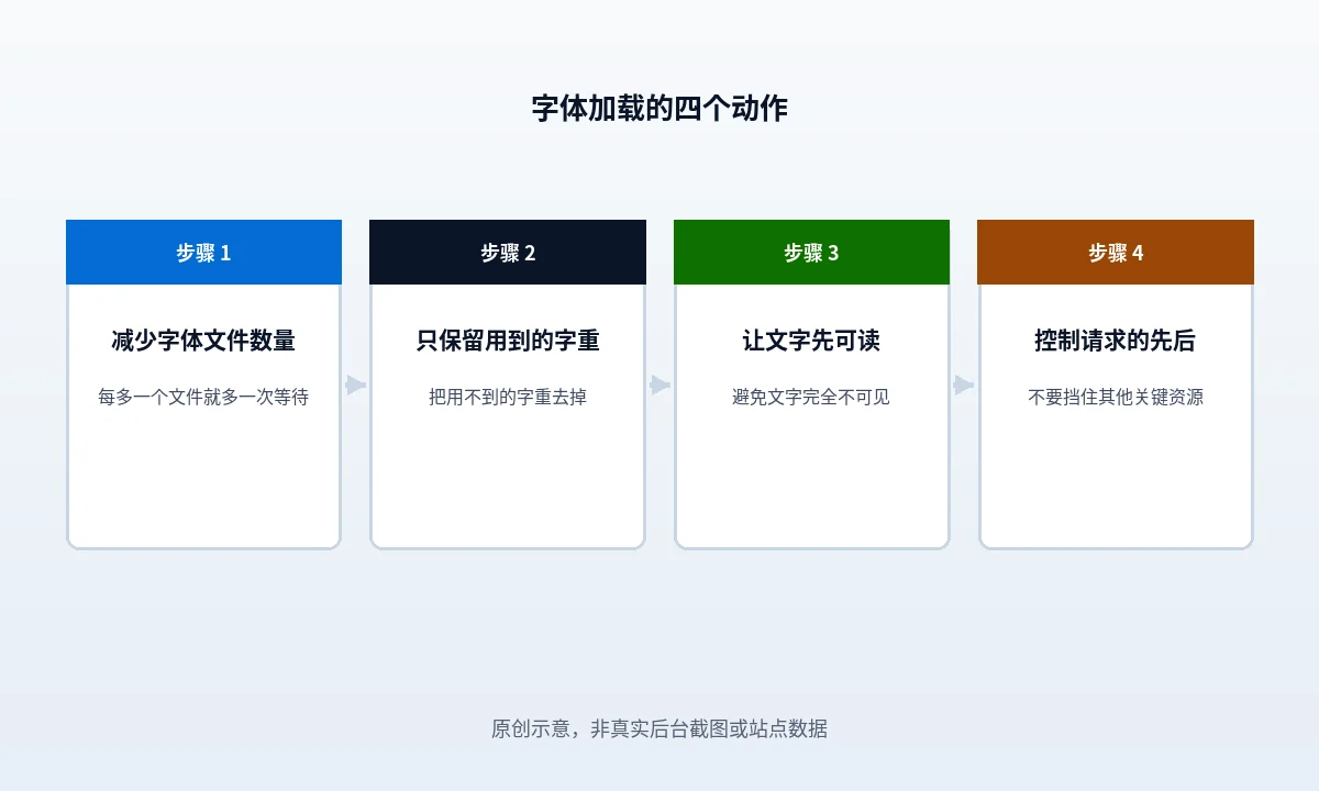 图中一条加载时间轴上依次标出样式表、字体声明、字体文件三段请求,箭头指向浏览器真正发出字体请求的位置,位置靠后说明被样式表拖住