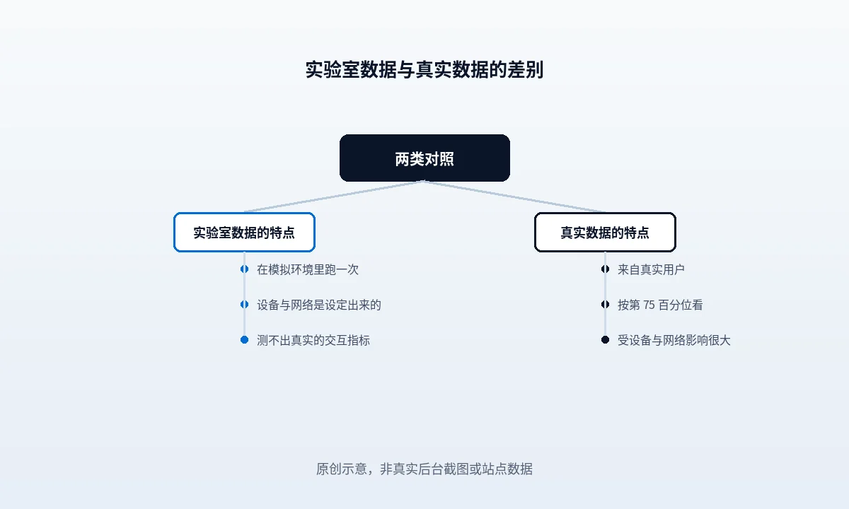 图左是一条窄带表示实验室的单台设备单条网络，图右是一条宽分布表示真实访客各自的体验，右图上标出第 75 百分位落在分布的哪个位置