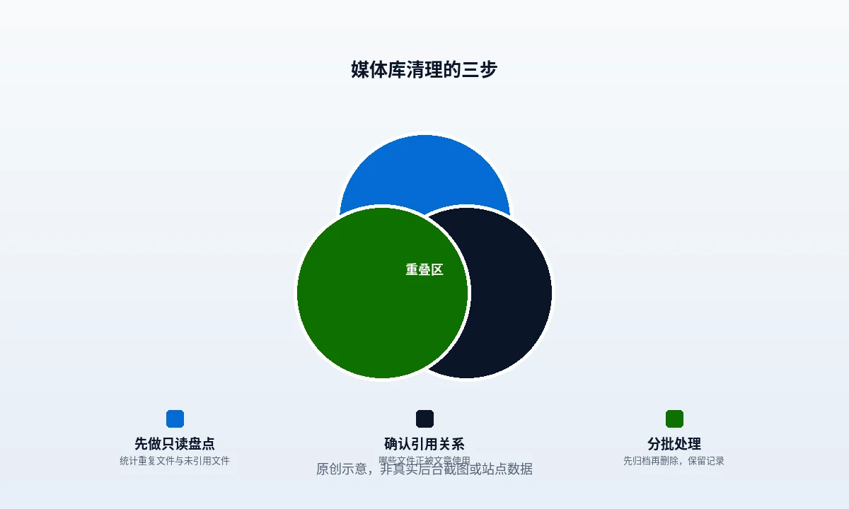 媒体库列表被分成三栏:同名不同内容、同一张图的历史替换版本、一次上传派生出的多档尺寸,每栏标出各自能不能直接删除以及删除前必须核对的那一项