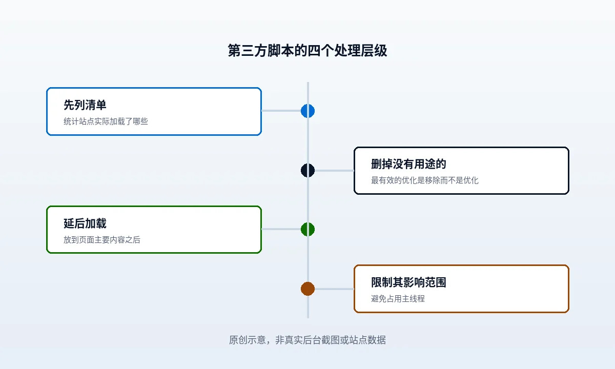 图中一条首屏时间轴上,第三方脚本的色块按原始位置排在第一方内容前面,右边是调整顺序并延后加载后的同一时间轴,第三方色块被推到后面并标为点击时才加载