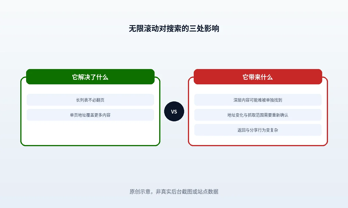 无限滚动页面的三个判断点并排:后续内容是否有持久唯一地址、地址是否可用绝对页码、地址之间是否有顺序链接