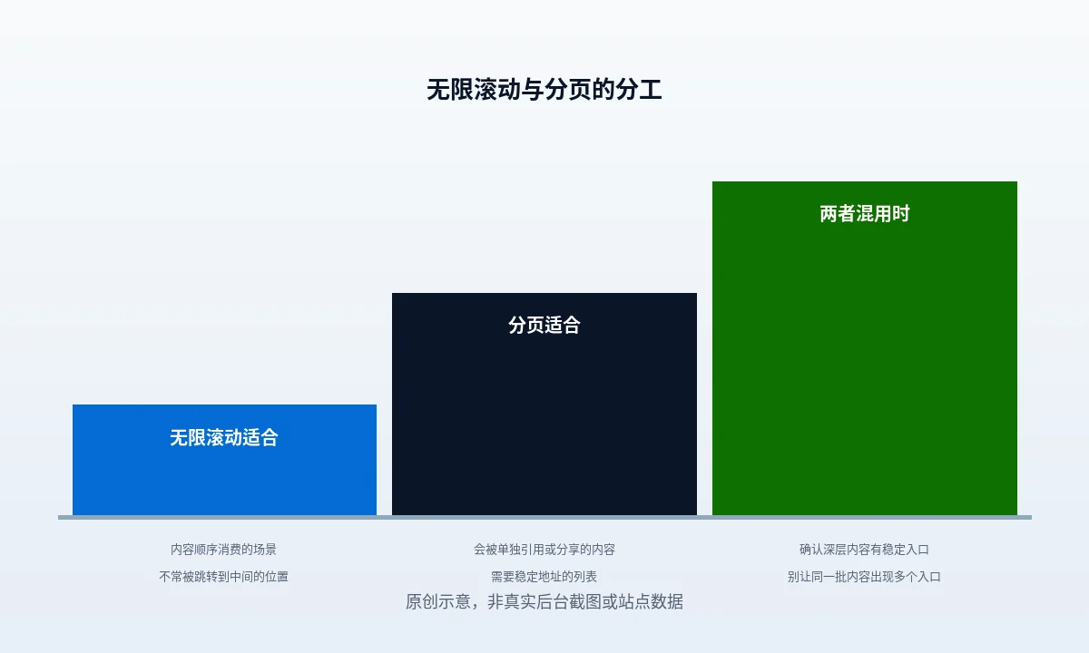分页、加载更多、无限滚动三种加载方式在同一内容序列上的地址与链接形态对照,标出每种方式下内容块能不能被单独引用